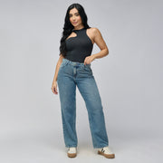 REF: 552780 Jean straight tiro alto en denim rígido 100% algodón, color azúl medio