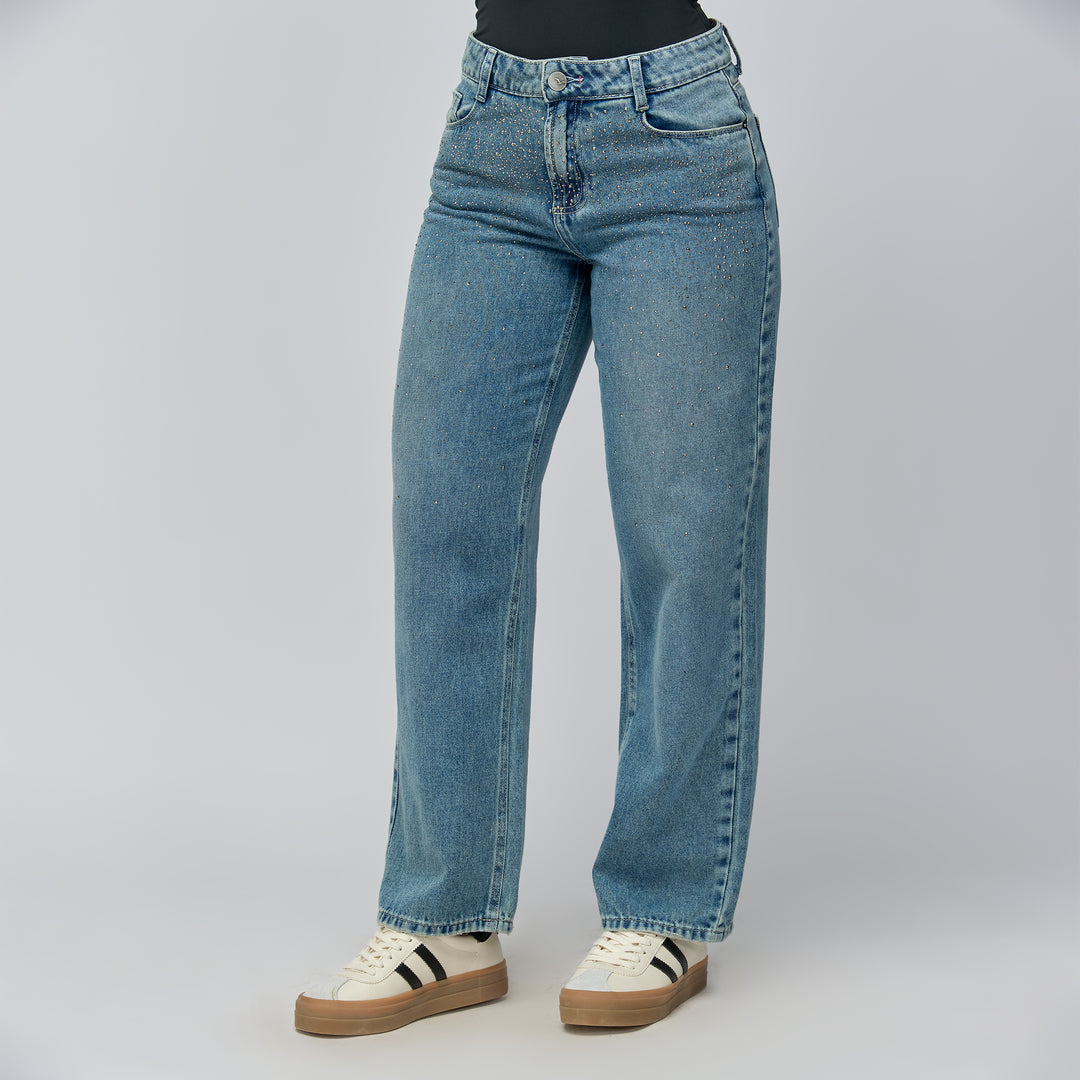 REF: 552780 Jean straight tiro alto en denim rígido 100% algodón, color azúl medio
