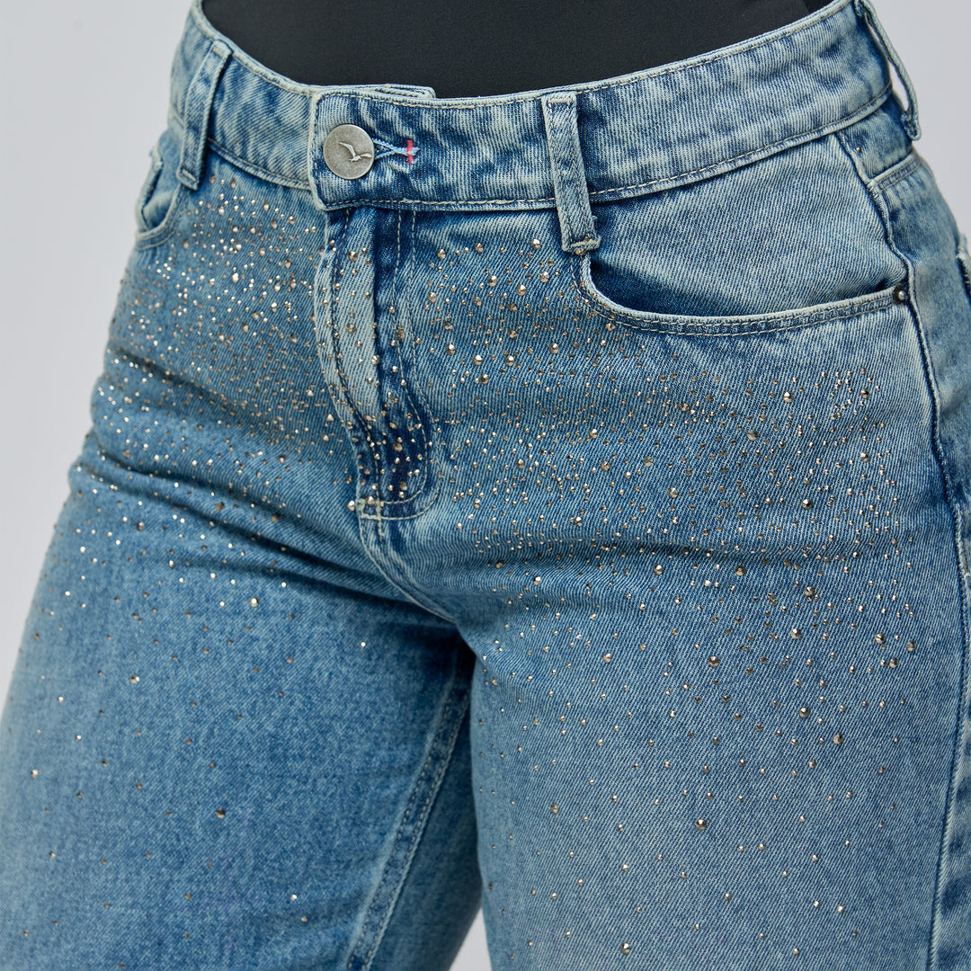 REF: 552780 Jean straight tiro alto en denim rígido 100% algodón, color azúl medio