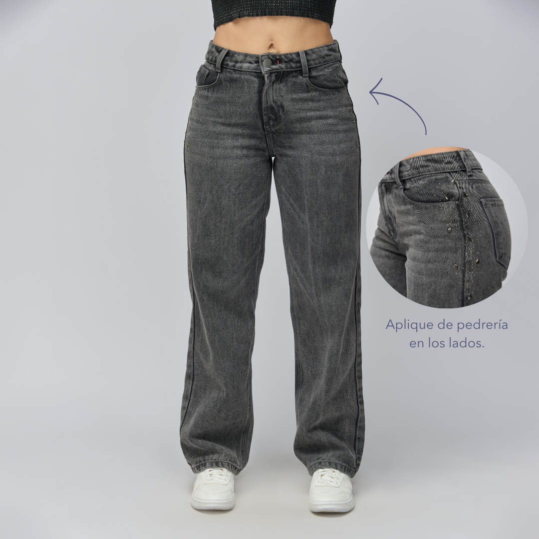 REF: 552781 Jean straight tiro alto en denim rígido 100% algodón, color gris Gris