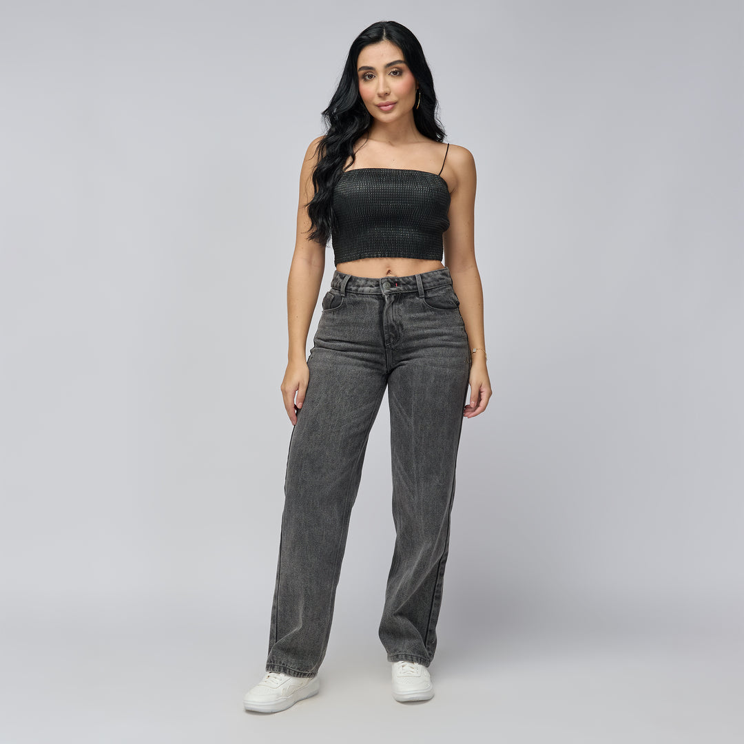 REF: 552781 Jean straight tiro alto en denim rígido 100% algodón, color gris Gris