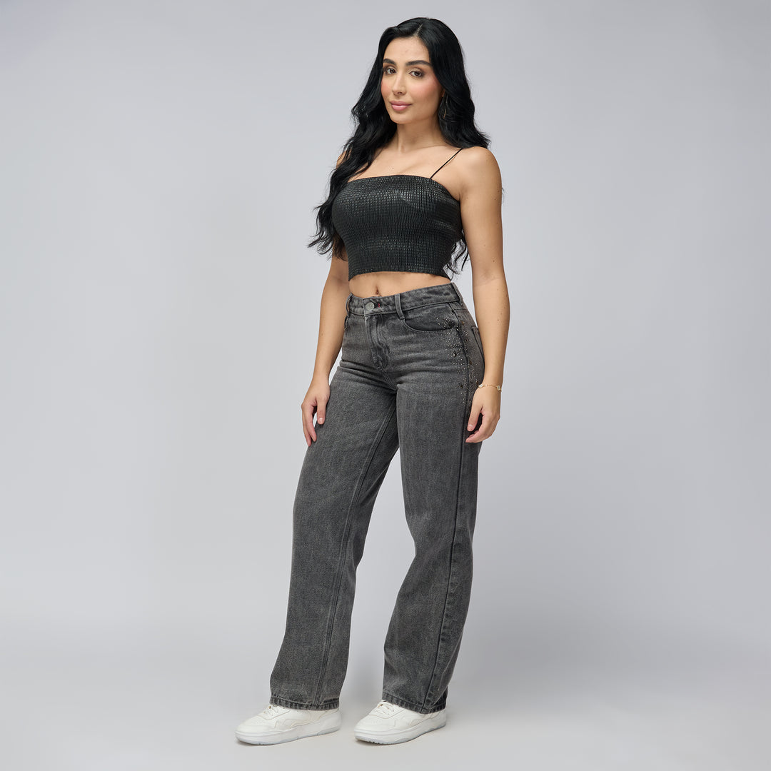 REF: 552781 Jean straight tiro alto en denim rígido 100% algodón, color gris Gris