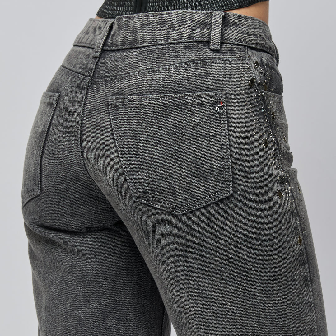 REF: 552781 Jean straight tiro alto en denim rígido 100% algodón, color gris Gris
