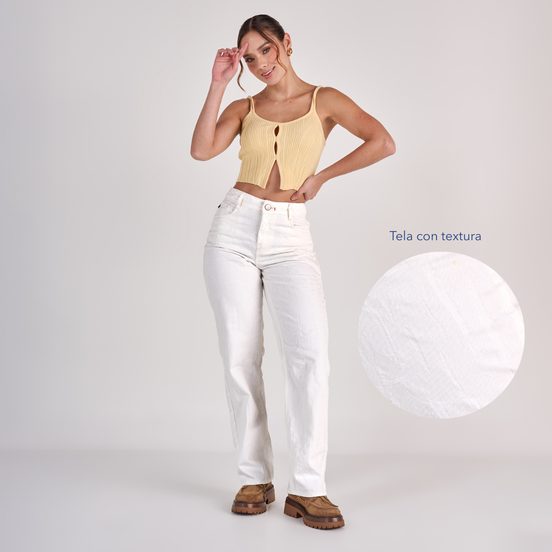 Ref: 552761 Jean straight tiro medio en denim rígido 100% algodón, color ivory