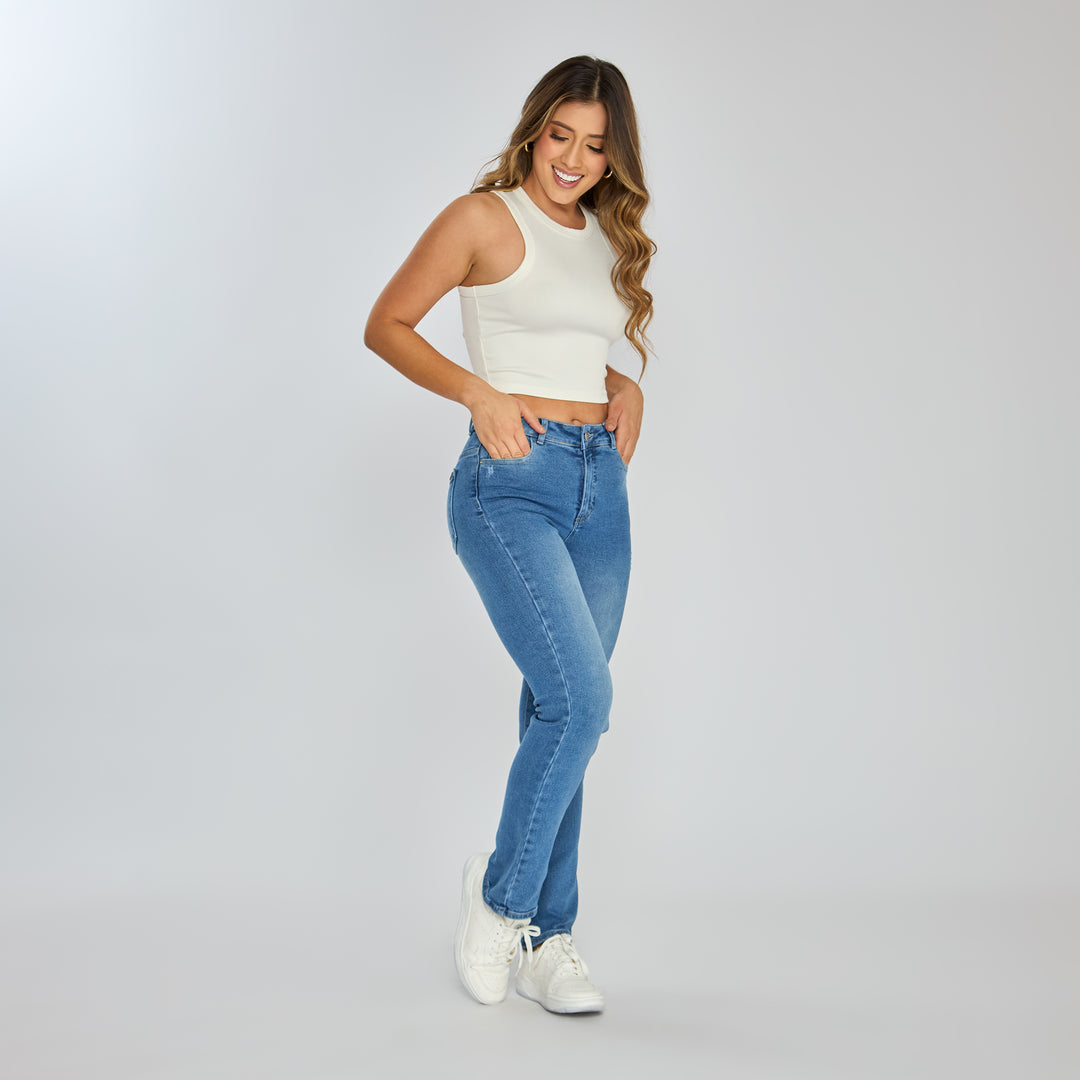 Ref: 552600 Jean tiro alto bota slim en denim stretch, color azul medio