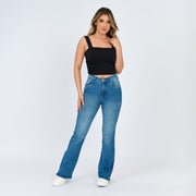 REF: 552608 Jean colombiano tiro medio straight boot en denim stretch, color azul medio