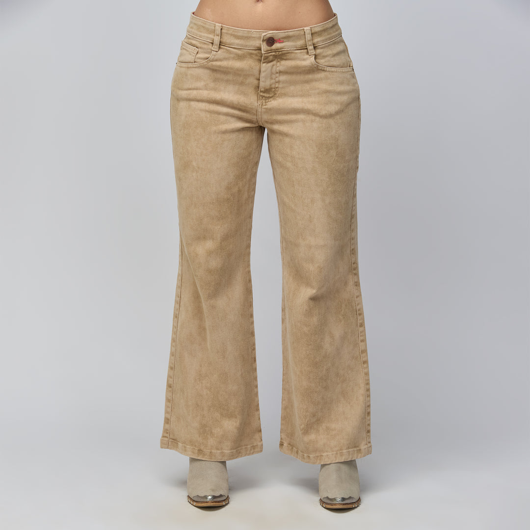 Ref: 552773 Jean vaquero flare tiro medio en denim licrado, color kaki dirty