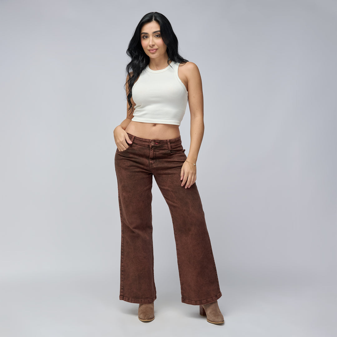 Ref: 552770 Jean vaquero flare tiro medio en denim licrado, color Mocca dirty