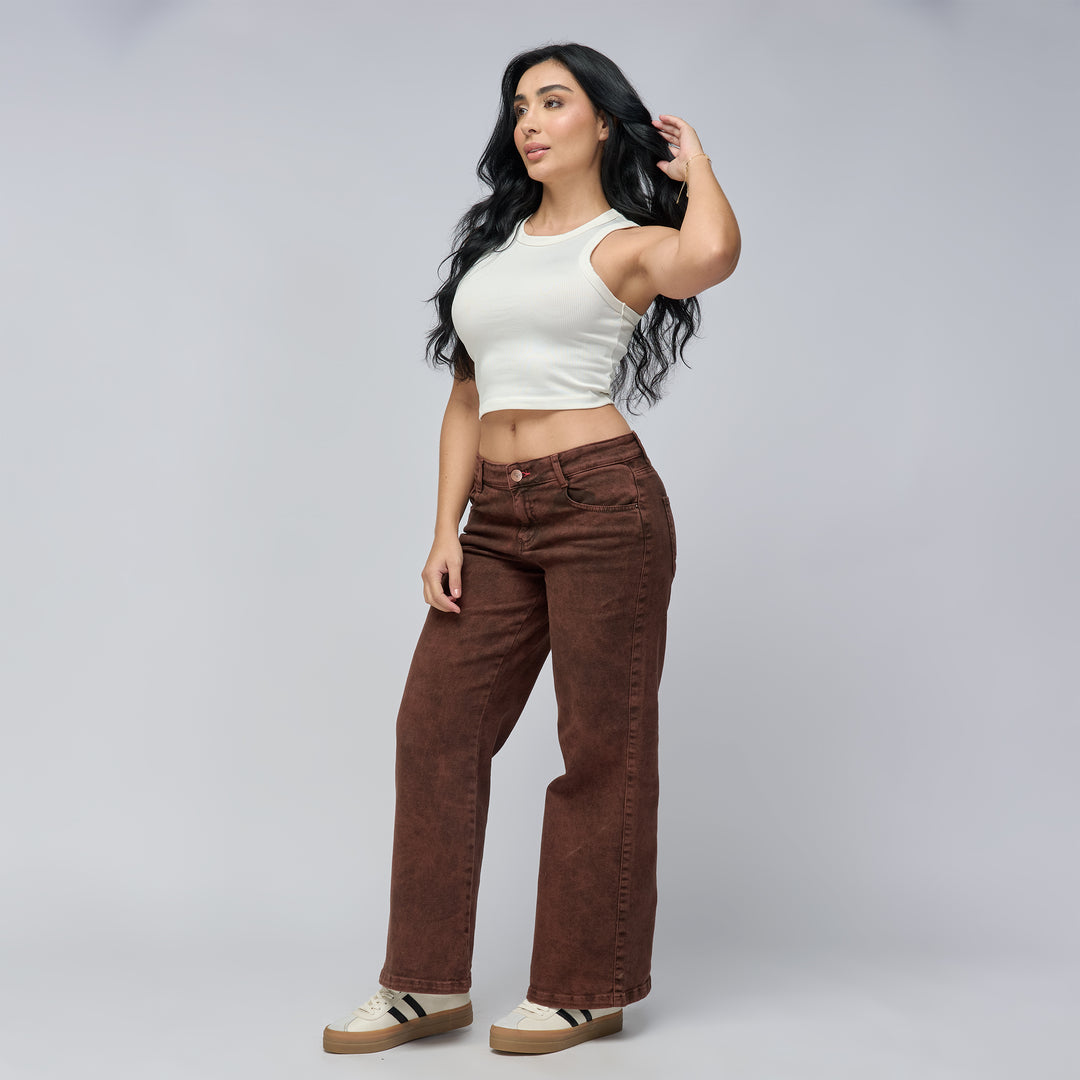 Ref: 552770 Jean vaquero flare tiro medio en denim licrado, color Mocca dirty