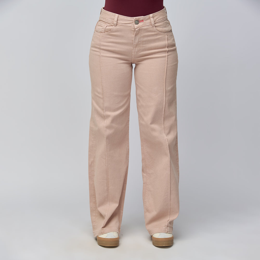 Ref: 552795 Jean wide leg tiro medio en denim licrado, color café claro