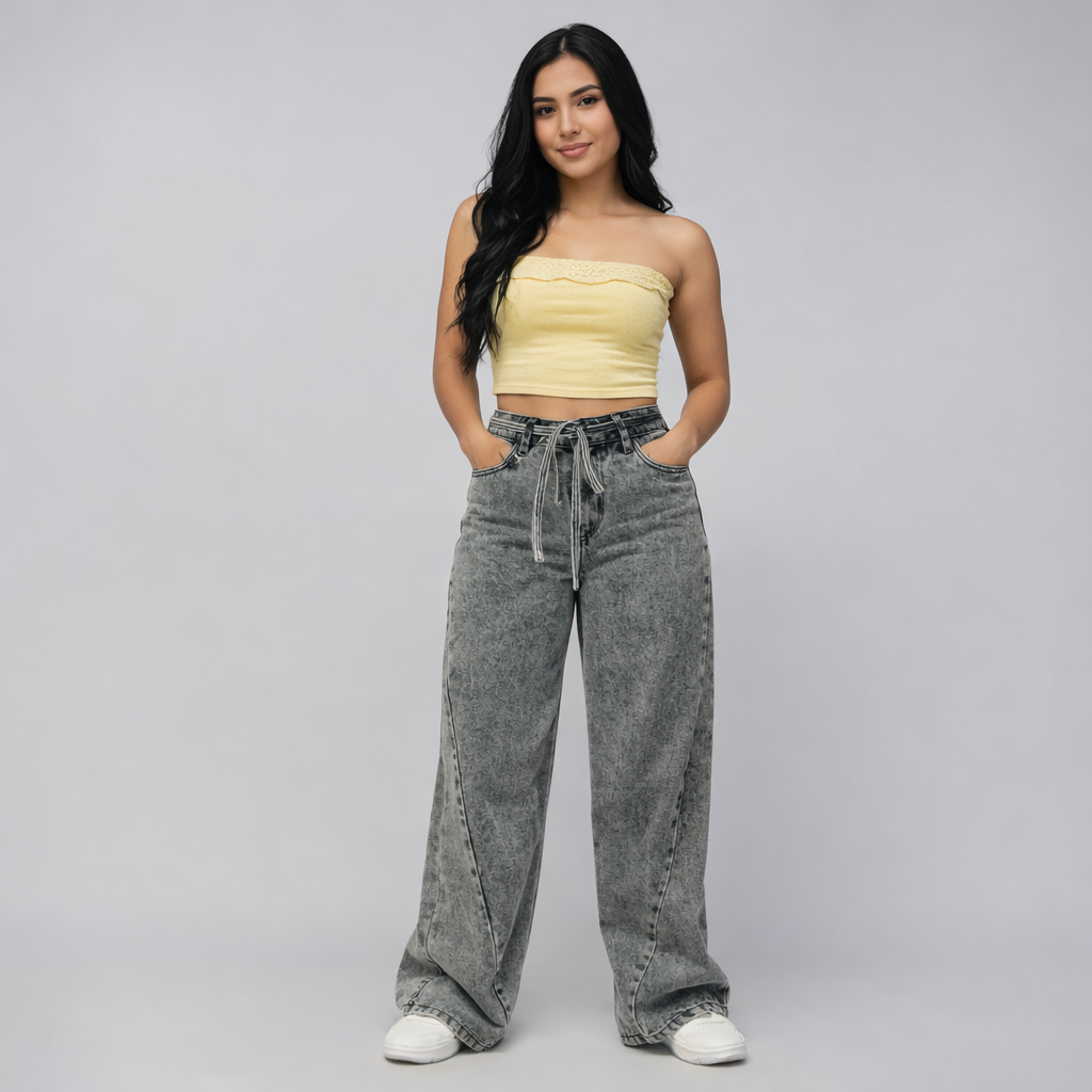 Ref: 552799 Jean wide leg tiro medio en denim rígido 100% algodón, color gris