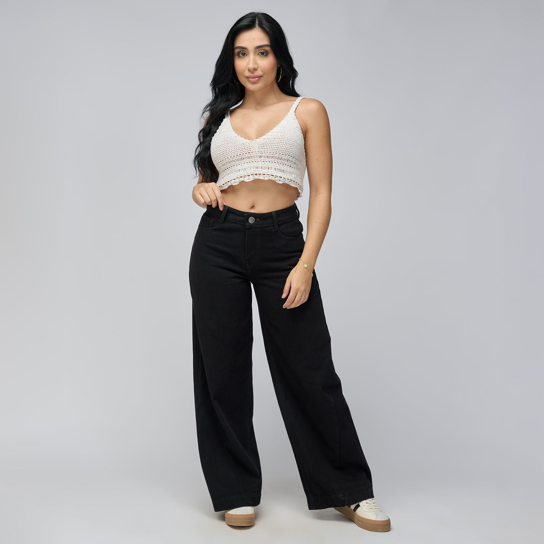 Ref: 552789 Jean wide leg tiro medio en denim rígido 100% algodón, color negro