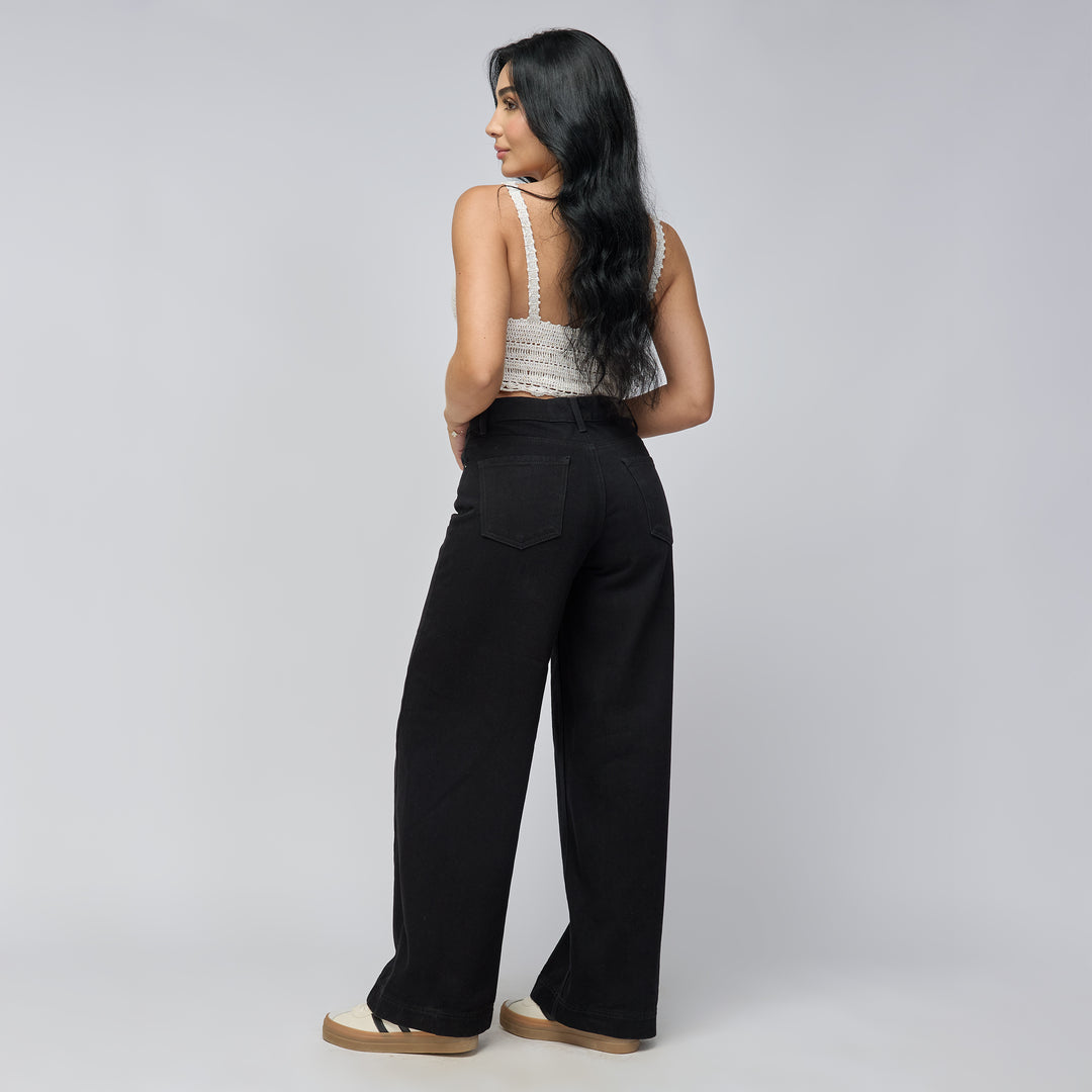 Ref: 552789 Jean wide leg tiro medio en denim rígido 100% algodón, color negro