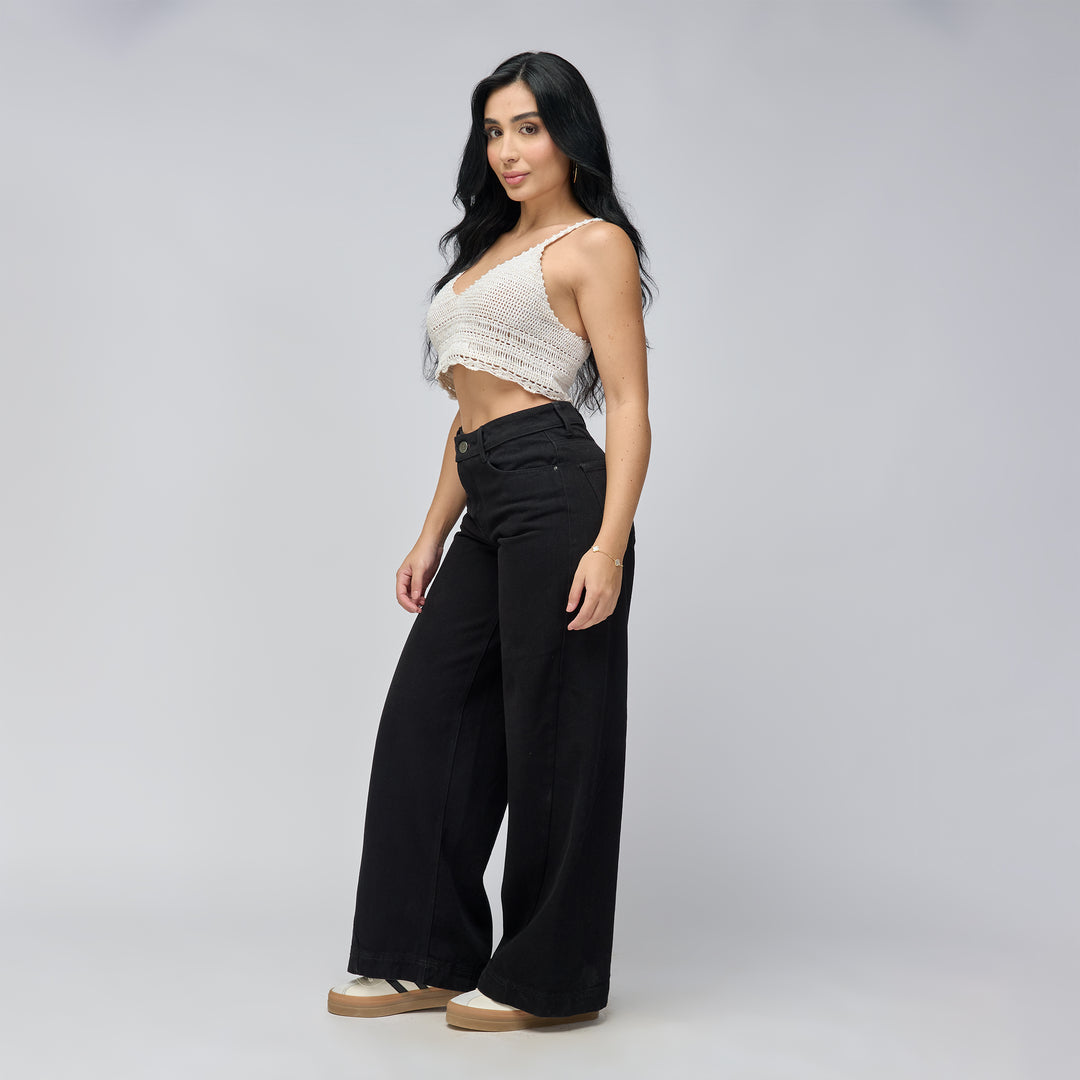 Ref: 552789 Jean wide leg tiro medio en denim rígido 100% algodón, color negro