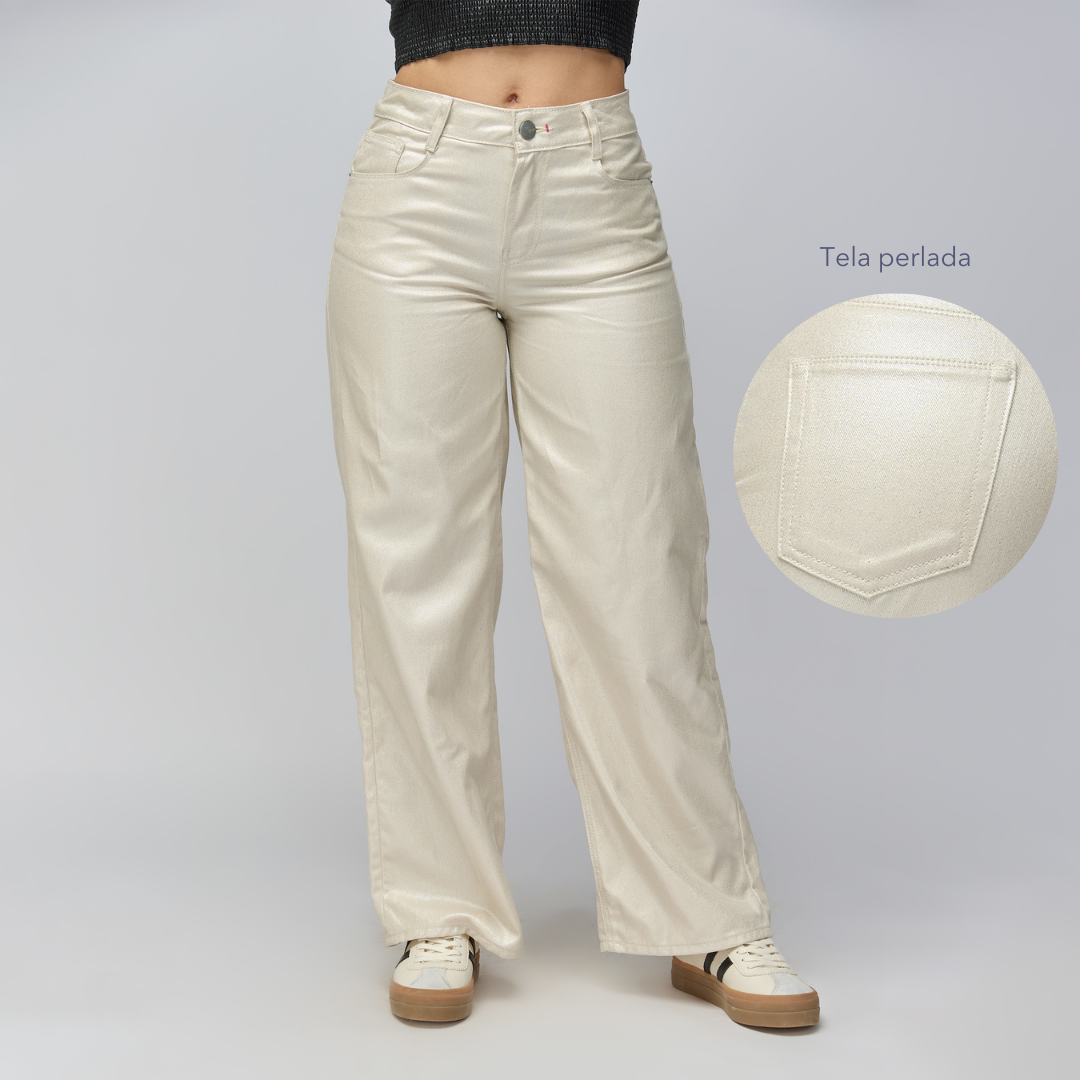 Ref: 552775 Jean wide leg tiro medio en denim rígido 100% algodón, color perlado