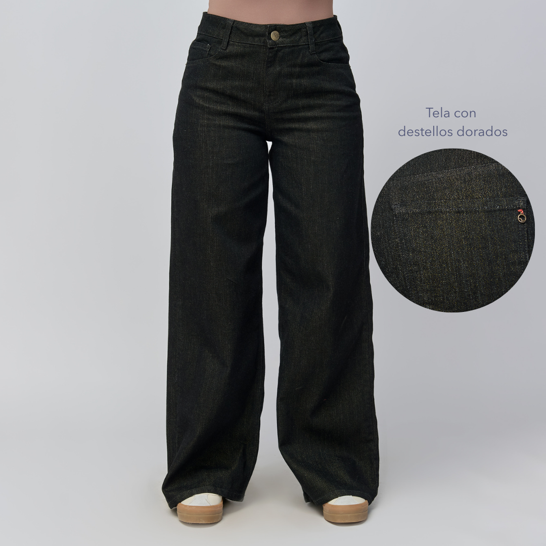 Ref: 552776 Jean wide leg tiro medio en denim rígido, color golden Black