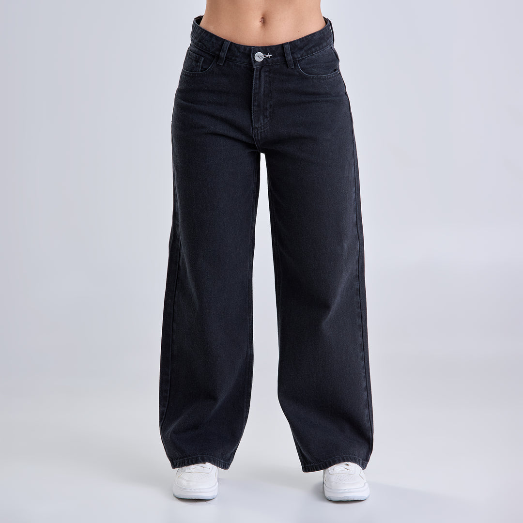 Ref: 552653 Jean colombiano wide leg tiro medio en denim rígido, color negro