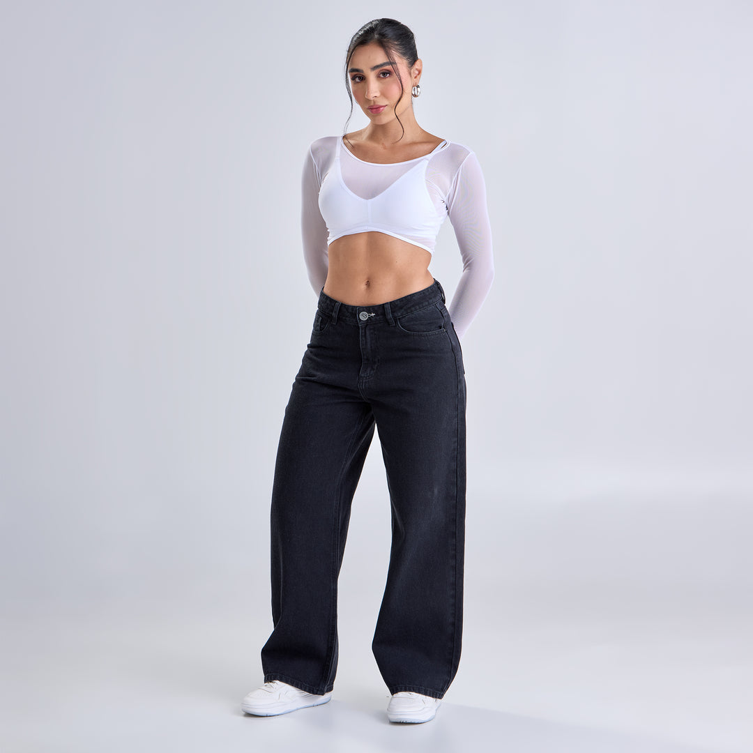 Ref: 552653 Jean colombiano wide leg tiro medio en denim rígido, color negro