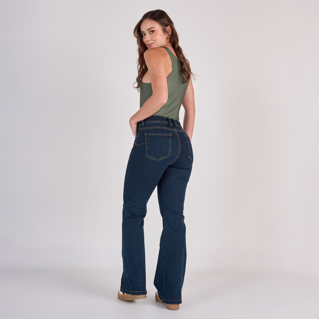 Ref: 552784 Jean dama flare tiro medio licrado, color Azul oscuro