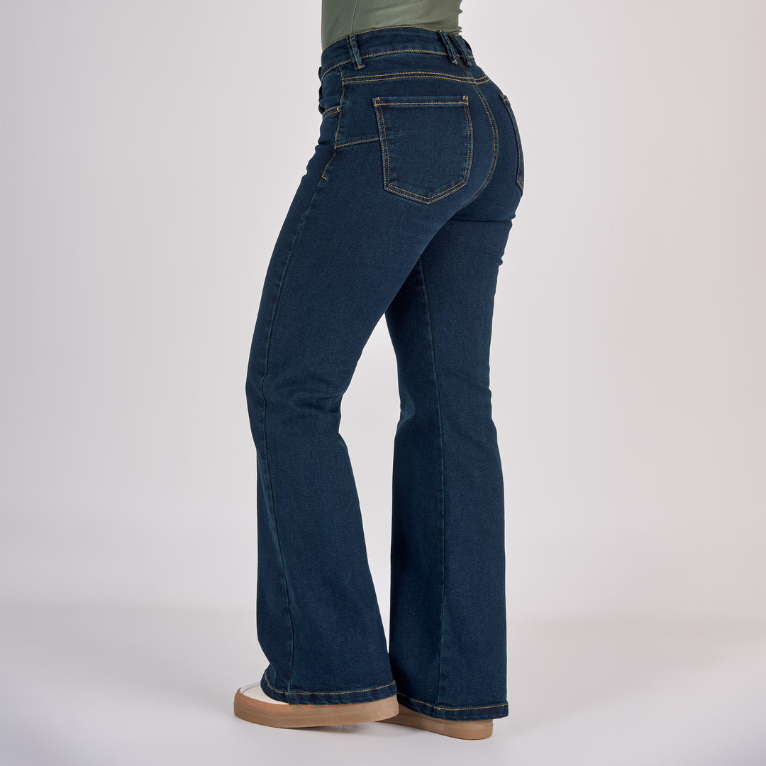 Ref: 552784 Jean dama flare tiro medio licrado, color Azul oscuro