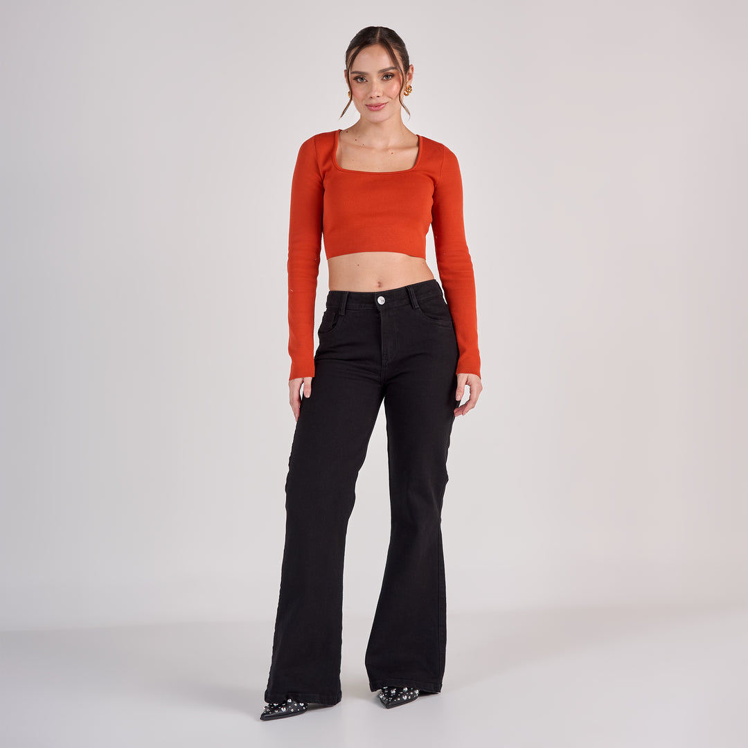 Ref: 552815 Jean dama flare tiro medio licrado, color Negro