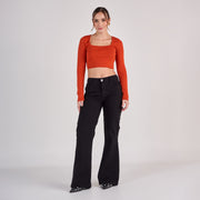 Ref: 552815 Jean dama flare tiro medio licrado, color Negro