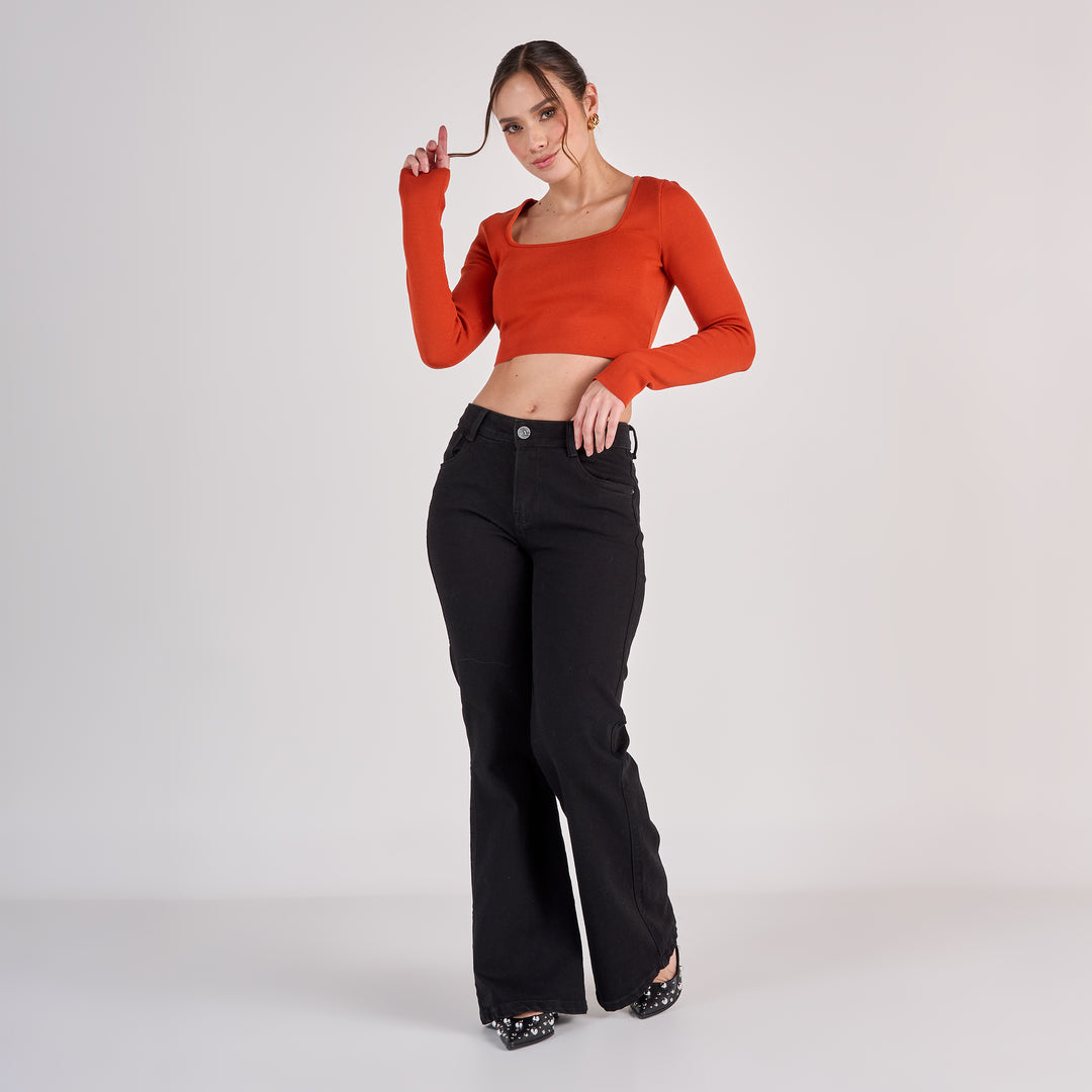 Ref: 552815 Jean dama flare tiro medio licrado, color Negro