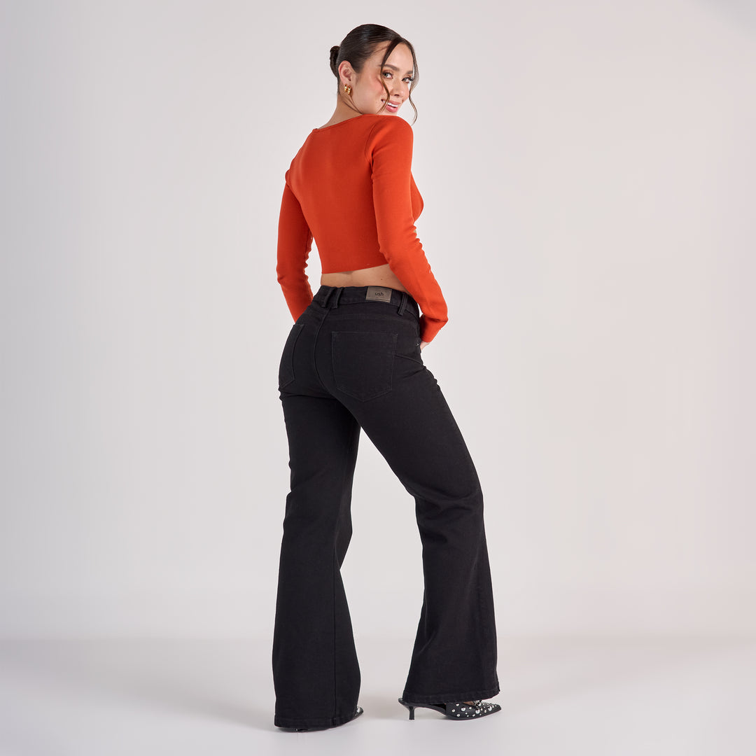 Ref: 552815 Jean dama flare tiro medio licrado, color Negro