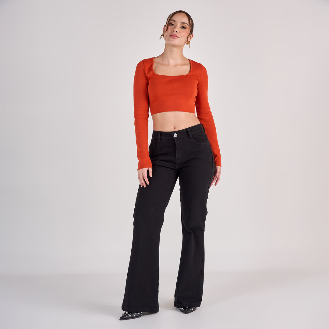 Ref: 552815 Jean dama flare tiro medio licrado, color Negro