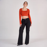 Ref: 552815 Jean dama flare tiro medio licrado, color Negro
