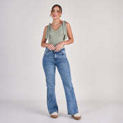 Ref: 552816 Jean dama flare tiro medio licrado, color Azul medio