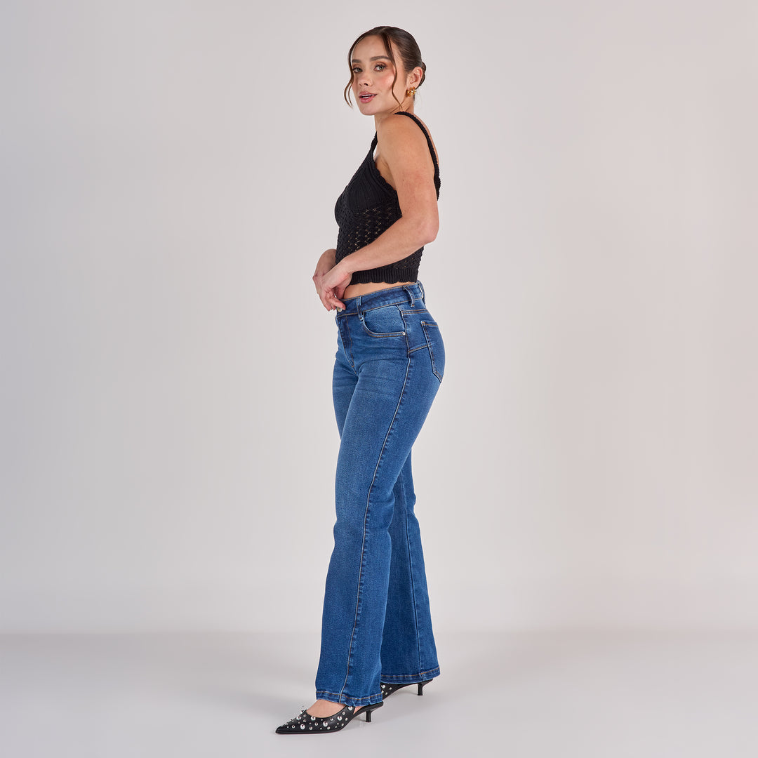 Ref: 552839 Jean dama flare tiro medio licrado, color Azul oscuro