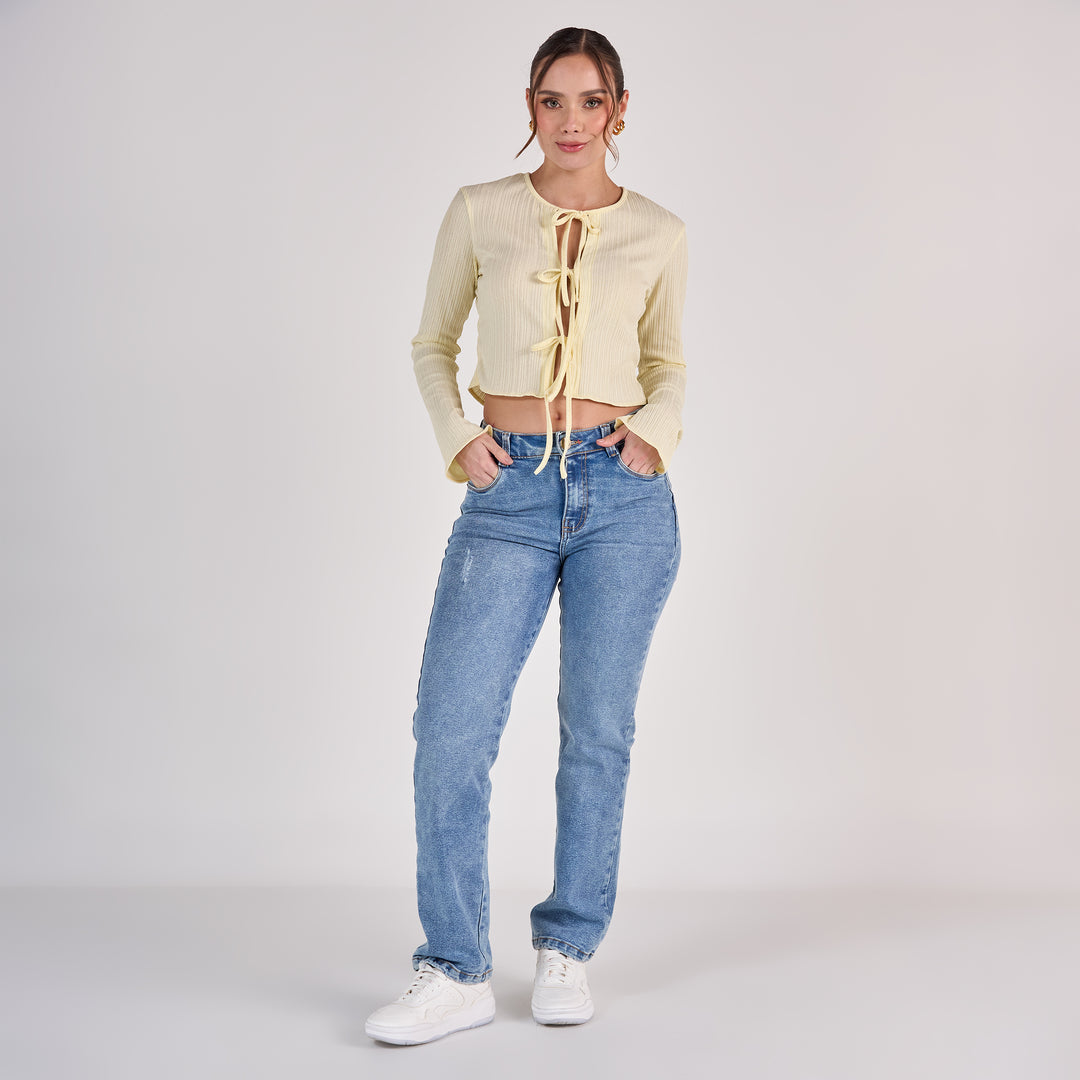 REF: 552823 Jean dama straight tiro medio licrado, color Azul medio