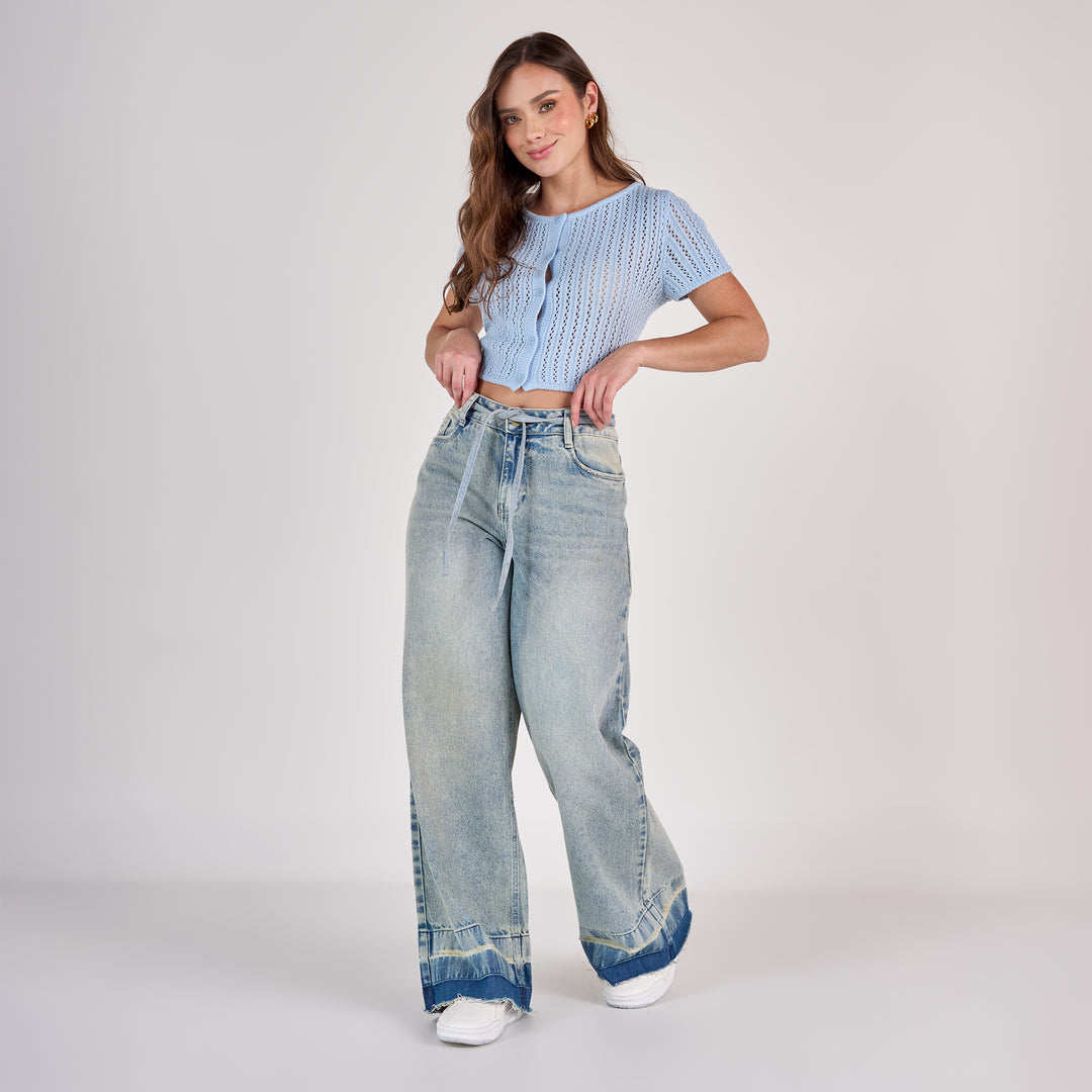 REF: 552811 Jean dama wide leg tiro alto rígido 100% algodón, color Azul dirty