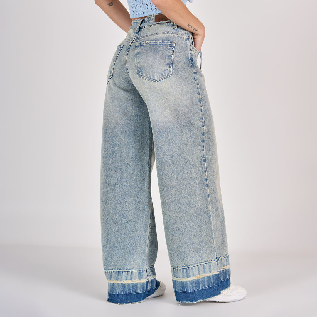 REF: 552811 Jean dama wide leg tiro alto rígido 100% algodón, color Azul dirty
