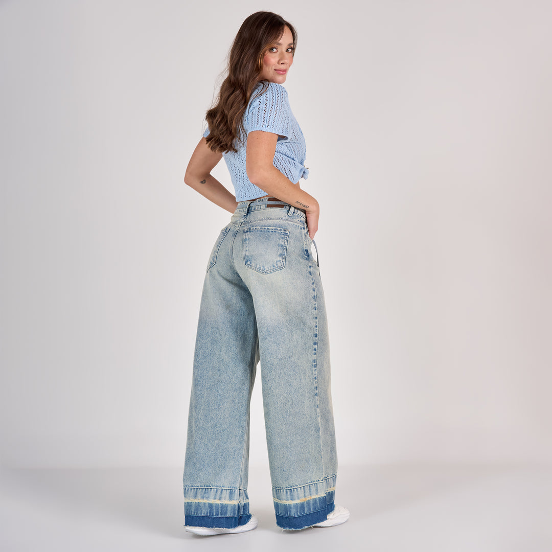 REF: 552811 Jean dama wide leg tiro alto rígido 100% algodón, color Azul dirty