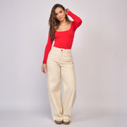Ref: 552867 Jean dama wide leg tiro alto rígido con bordado floral, color ivory