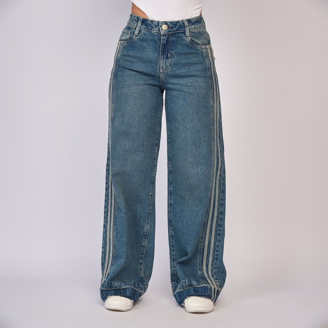 Ref: 552836 Jean wide leg tiro alto rígido con sesgo lateral en contraste, color Azul medio
