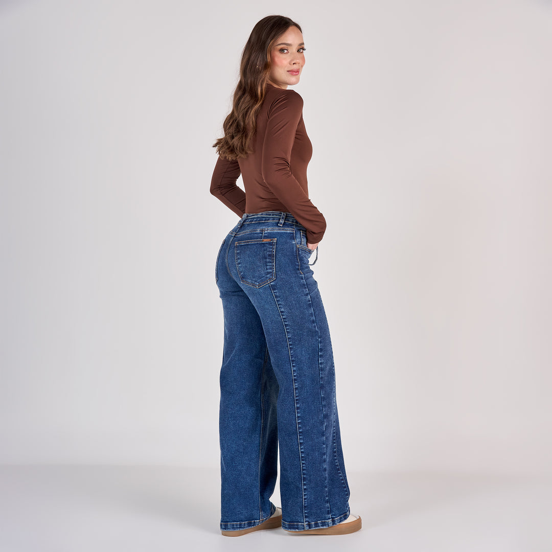 REF: 552804 Jean dama wide leg tiro medio licrado, color Azul oscuro