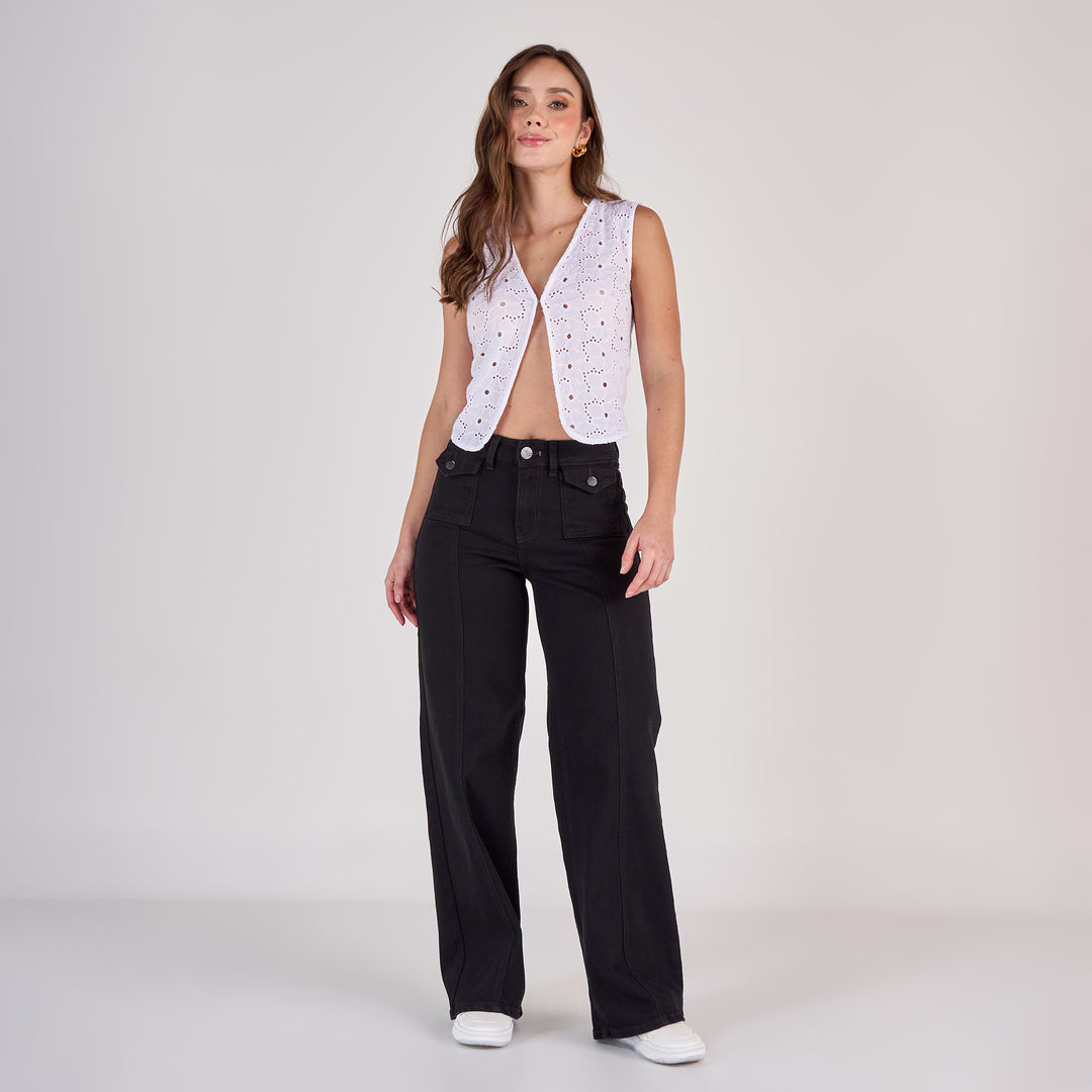 REF: 552810 Jean dama wide leg tiro medio licrado, color Negro