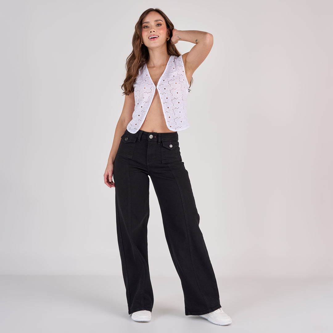 REF: 552810 Jean dama wide leg tiro medio licrado, color Negro