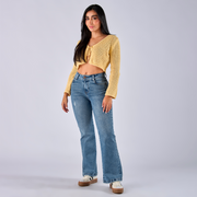 Ref: 552715 Jean flare boot licrado tiro medio en denim color azul medio