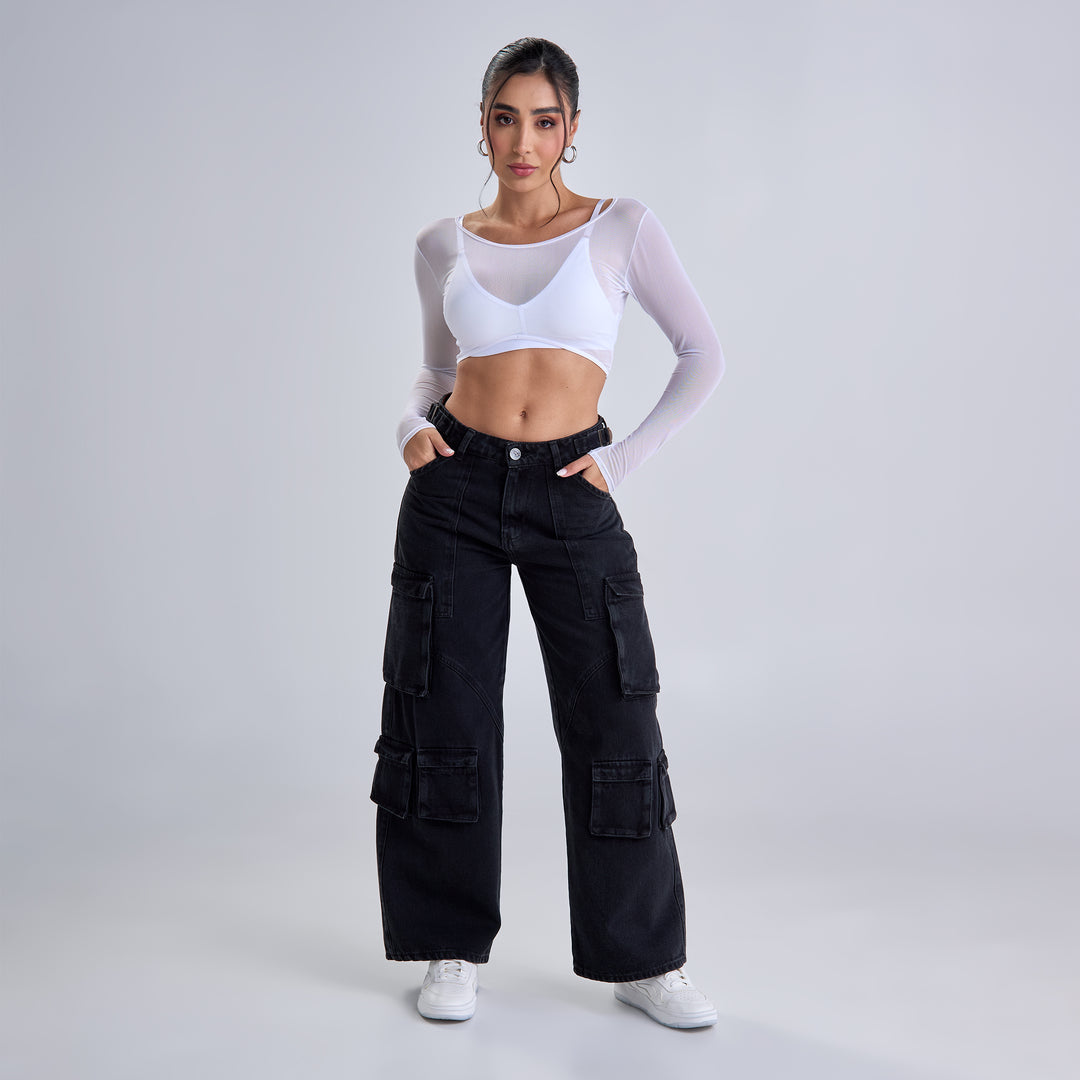 REF: 552581 Jean rígido cargo wide leg tiro alto color negro