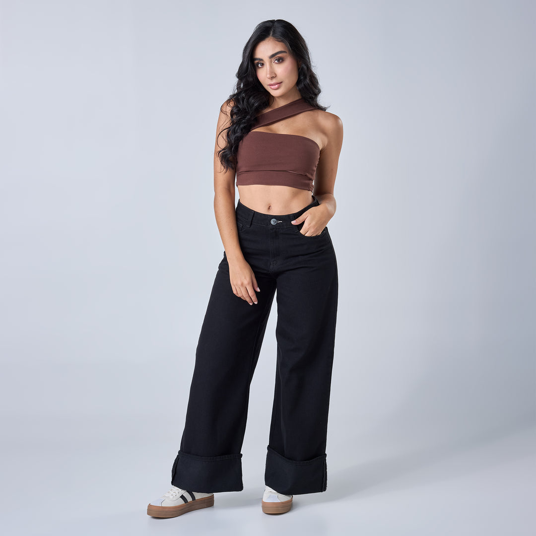 Ref: 552682 Jean rígido wide leg tiro alto, color negro