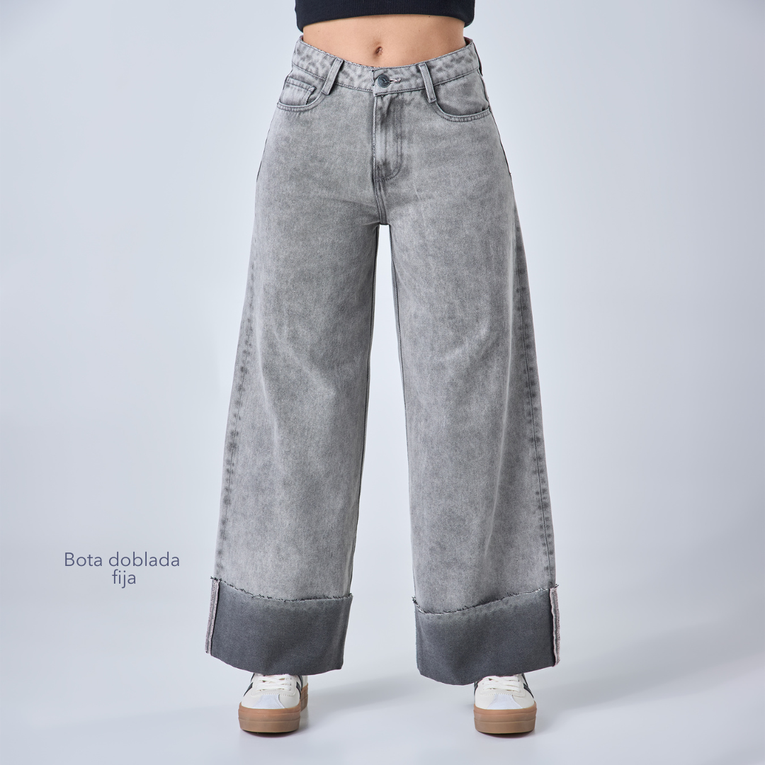 Ref: 552683 Jean rígido wide leg tiro alto 100% algodón, color gris claro