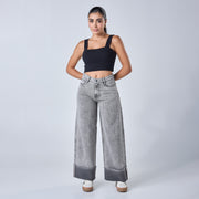 Ref: 552683 Jean rígido wide leg tiro alto 100% algodón, color gris claro
