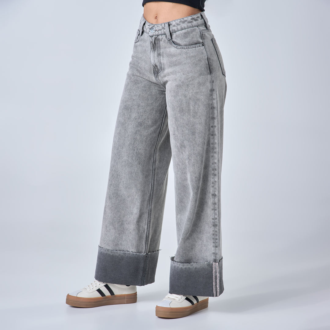 Ref: 552683 Jean rígido wide leg tiro alto 100% algodón, color gris claro