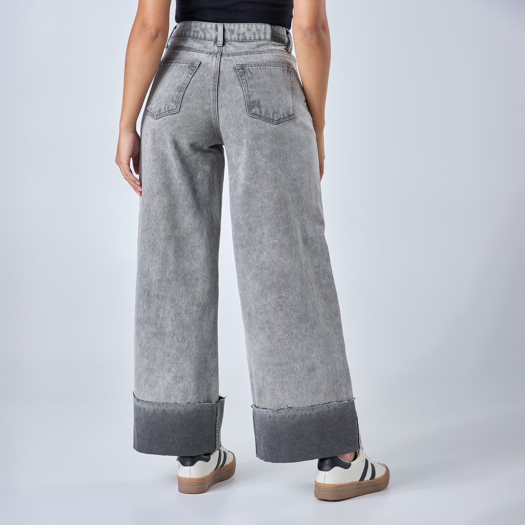 Ref: 552683 Jean rígido wide leg tiro alto 100% algodón, color gris claro