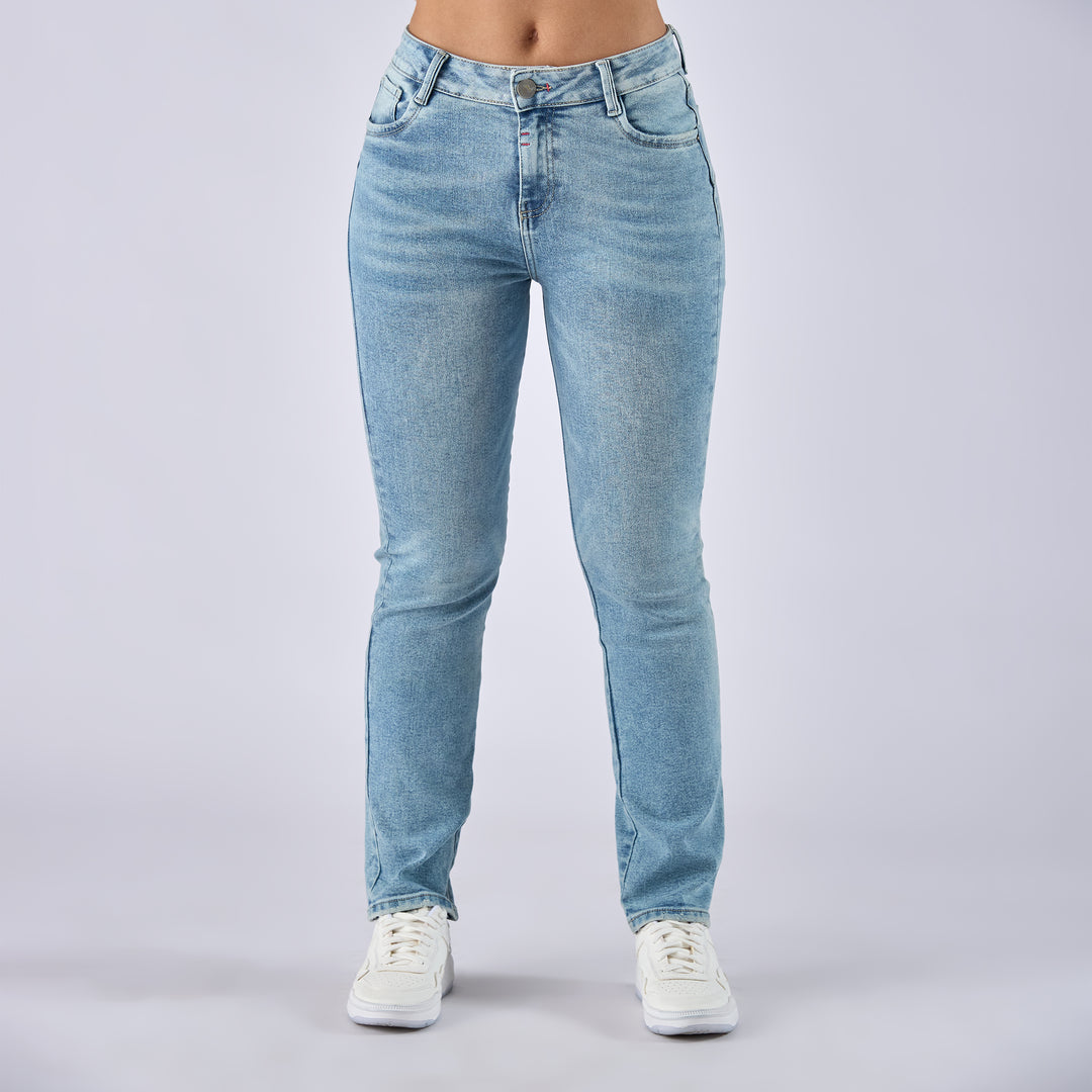 REF: 552637 Jean straight boot licrado tiro medio en denim azul claro