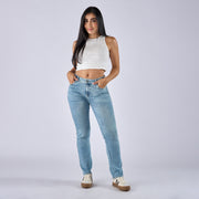 REF: 552637 Jean straight boot licrado tiro medio en denim azul claro